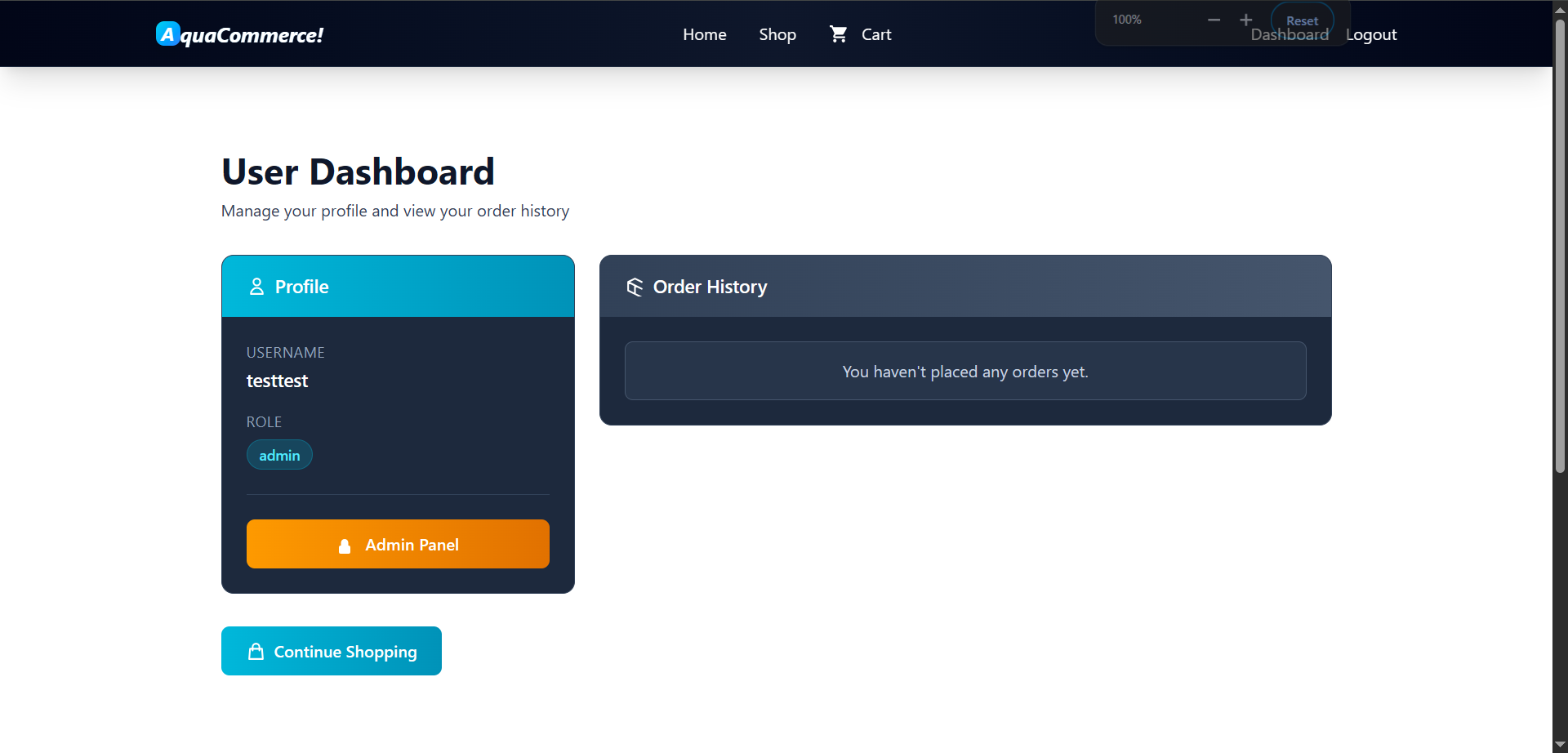 User Dashboard with admin role